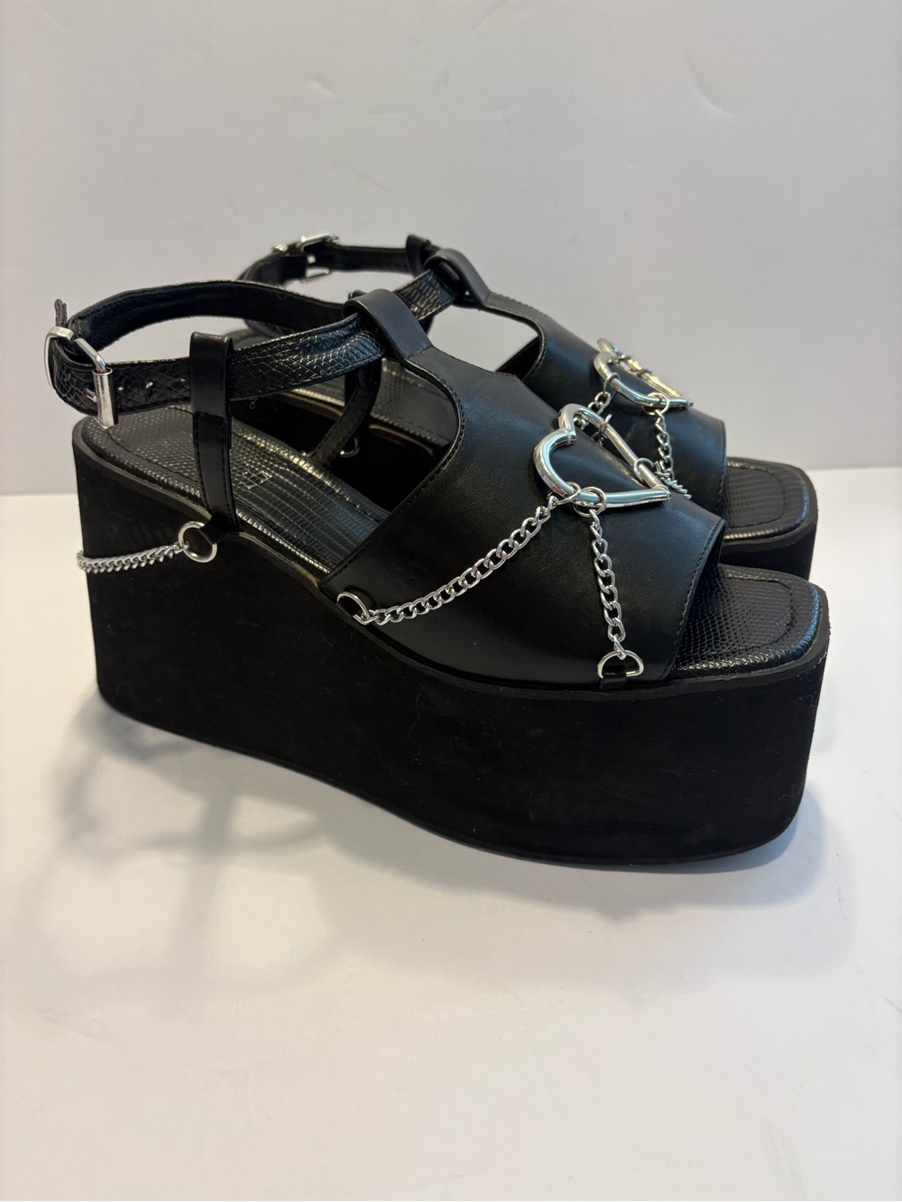 Heart Hardware Chain Wedge Platform Sandals Black Gothic, Grunge, Punk Sz 8